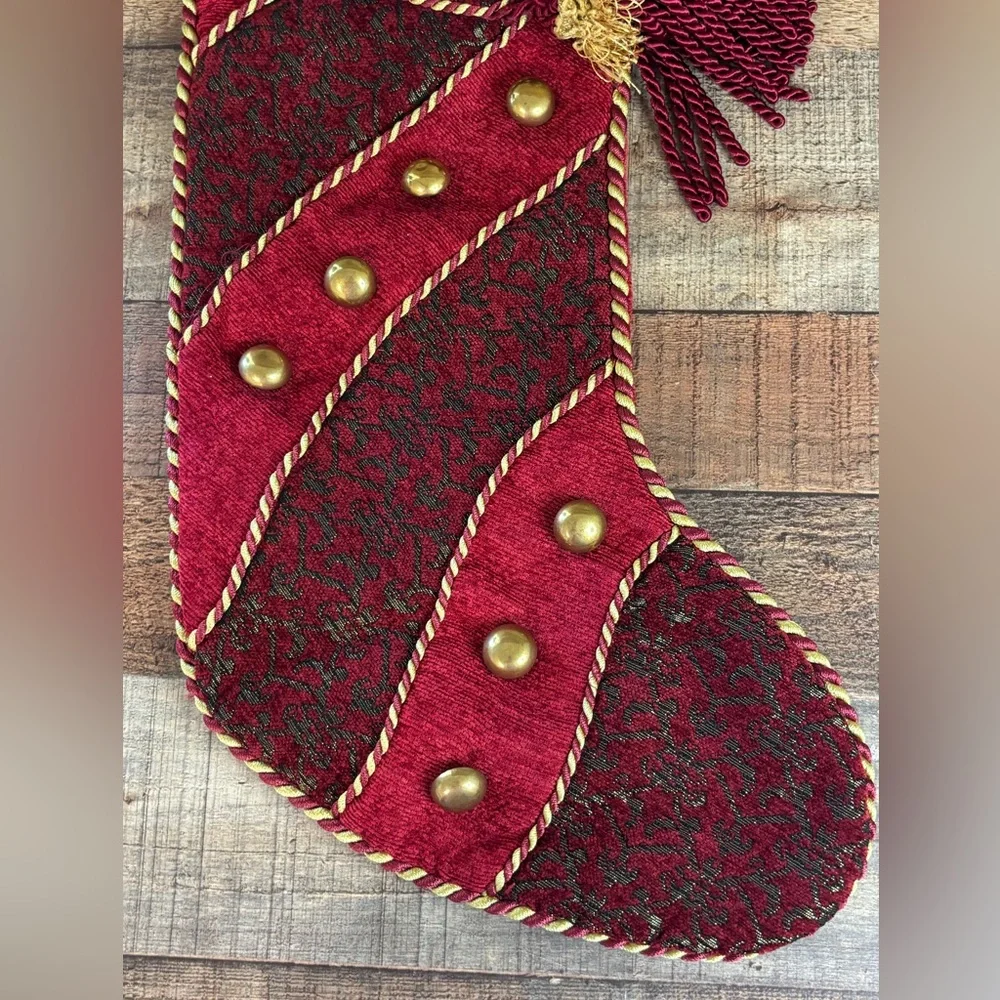 Pair Of Large Elegant Christmas Stockings Burgundy Gold Tassels Mom Dad Tapestry